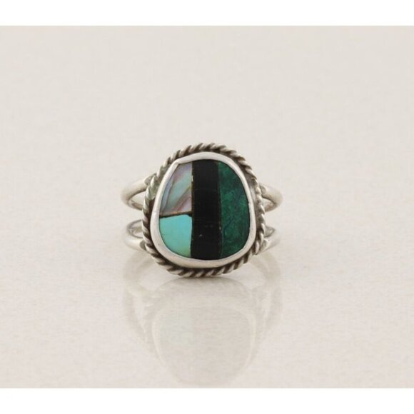 Sterling Silver Turquoise Abalone Onyx Malachite Ring Size 10 1/2 - Picture 1 of 7